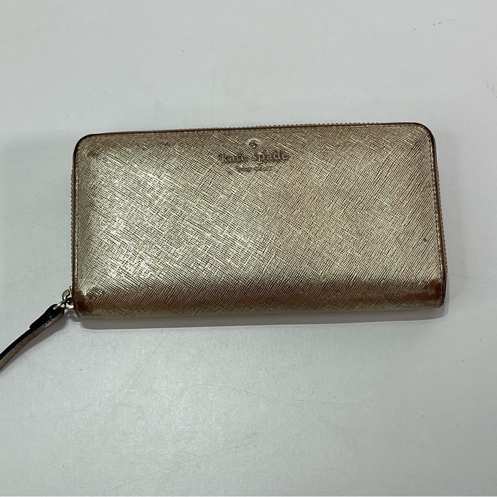 Kate Spade Leather Spencer Metallic Full Size Wallet Gold Zip Around Back Pocket
